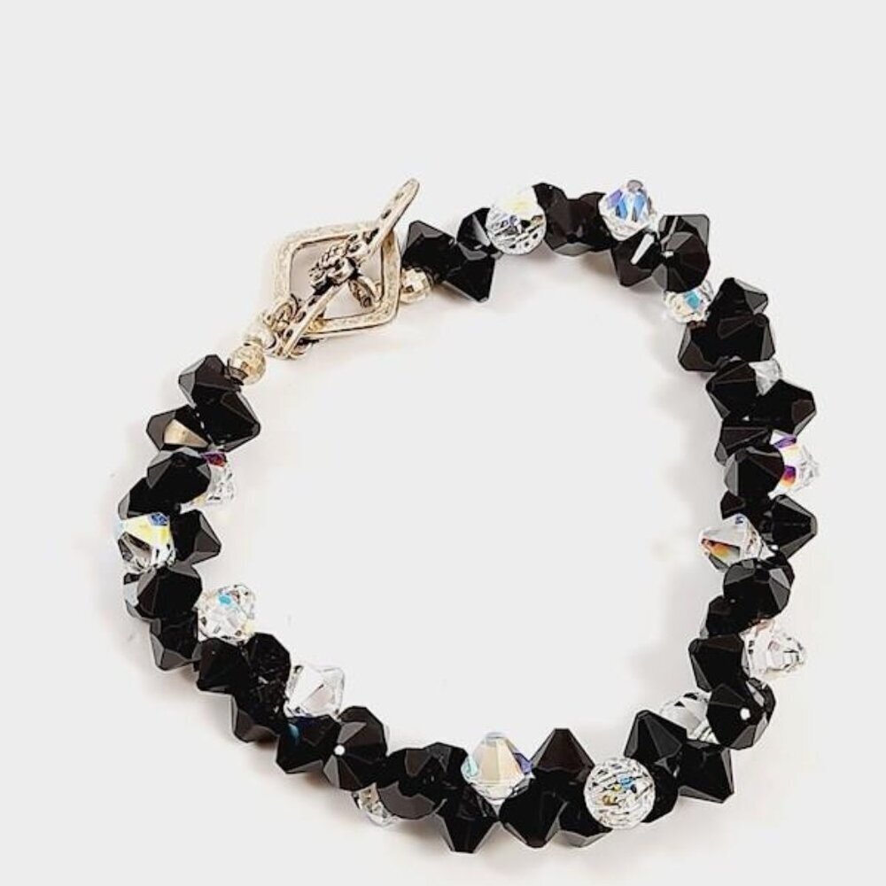 Vintage 925 Silver & Faceted Aurora Borealis Glass Beaded Toggle‎ Bracelet